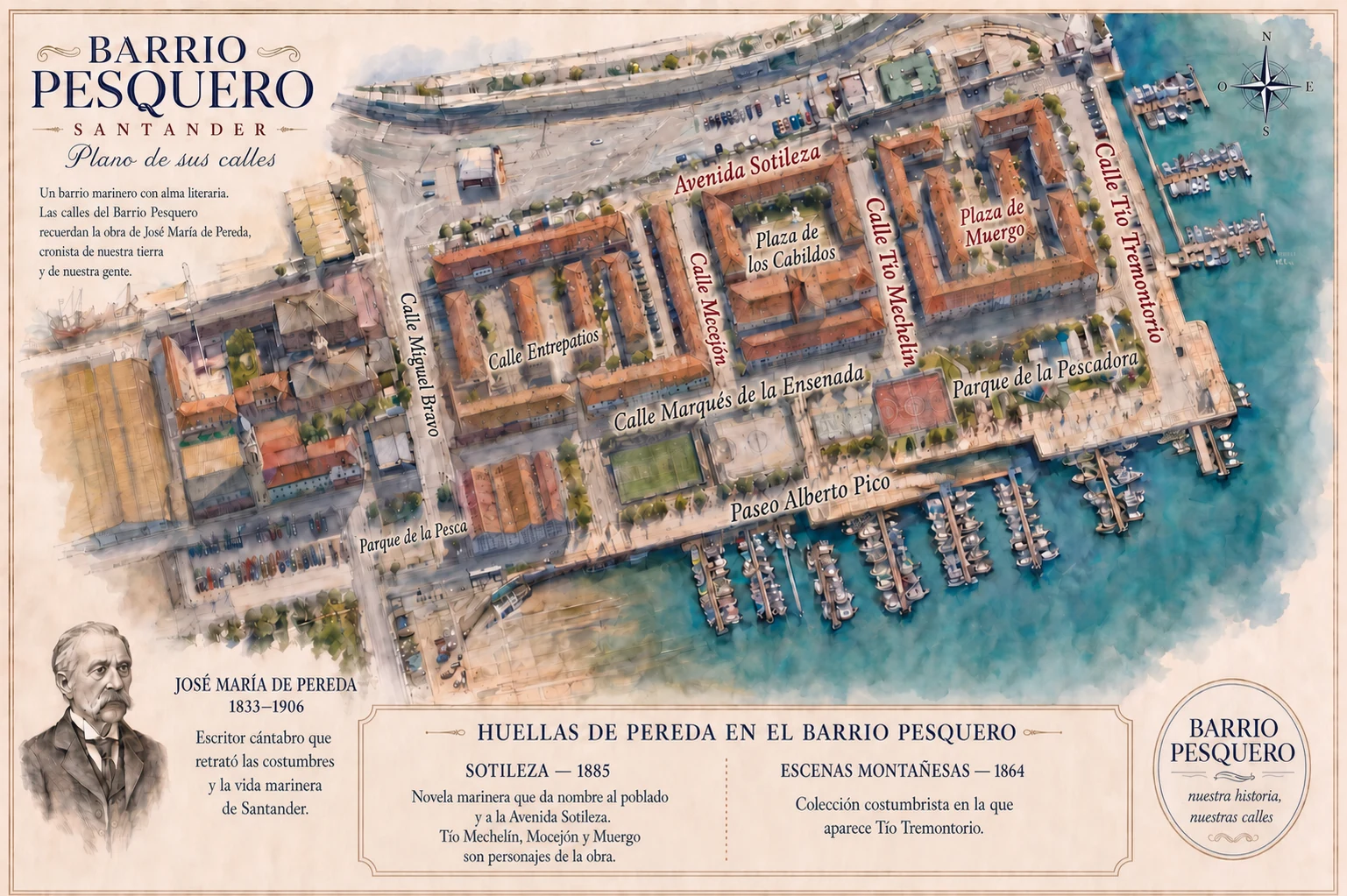 Plano del Barrio Pesquero con calles de Pereda