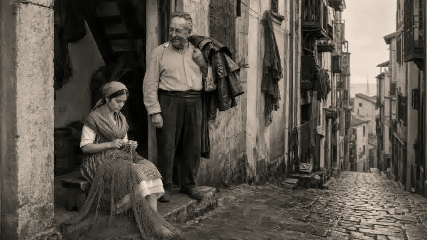 Tío Mechelín a la puerta de su bodega, con Silda remendando una red