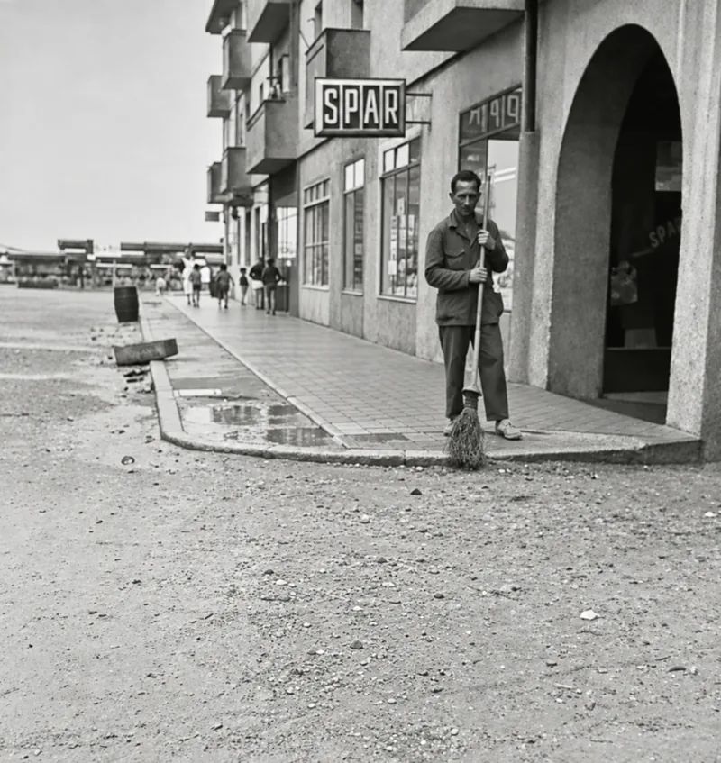 La calle Mocejón a mediados del siglo XX, con la tienda y la calle sin pavimentar