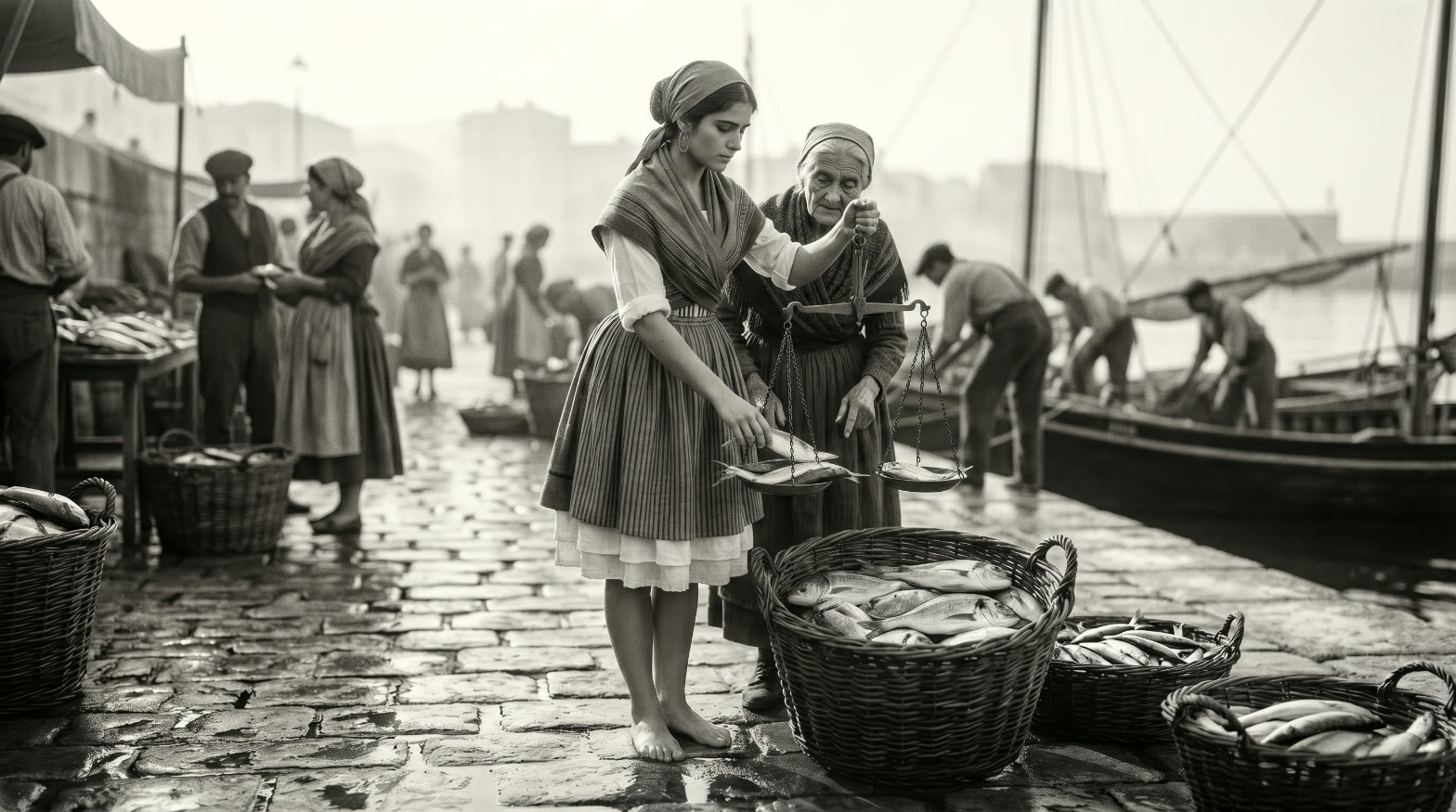 Recreación de Silda vendiendo pescado junto a una señora en el puerto