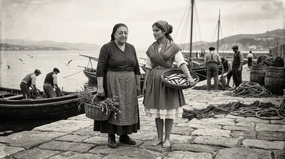 Tía Sidora y Silda en el muelle, con los pescadores del cabildo al fondo (recreación con IA)